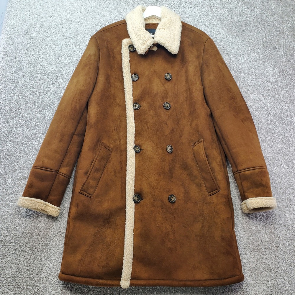 Guess Faux Suede Shearling Coat Mens L Brown Chore Double Breasted Car Jacket